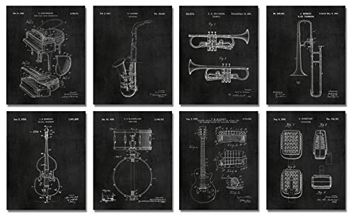 Jazz Instruments Patent Wall Art Prints Set of 8 (8x10) Gifts for Musicians Music Studio Decoration Unframed