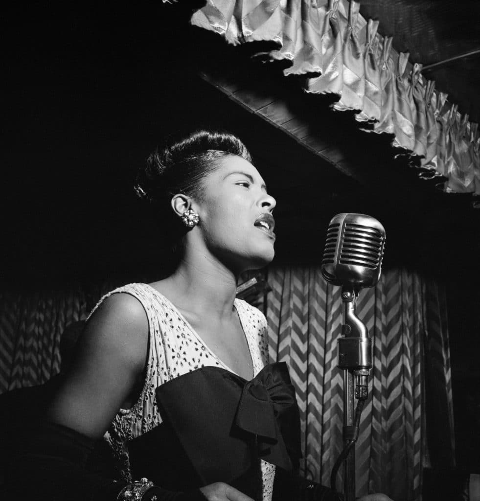 Billie Holiday singing at a New York jazz club in February 1947