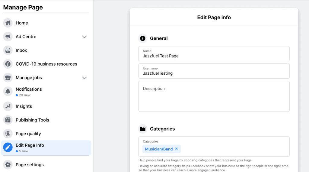 Facebook artist page username change